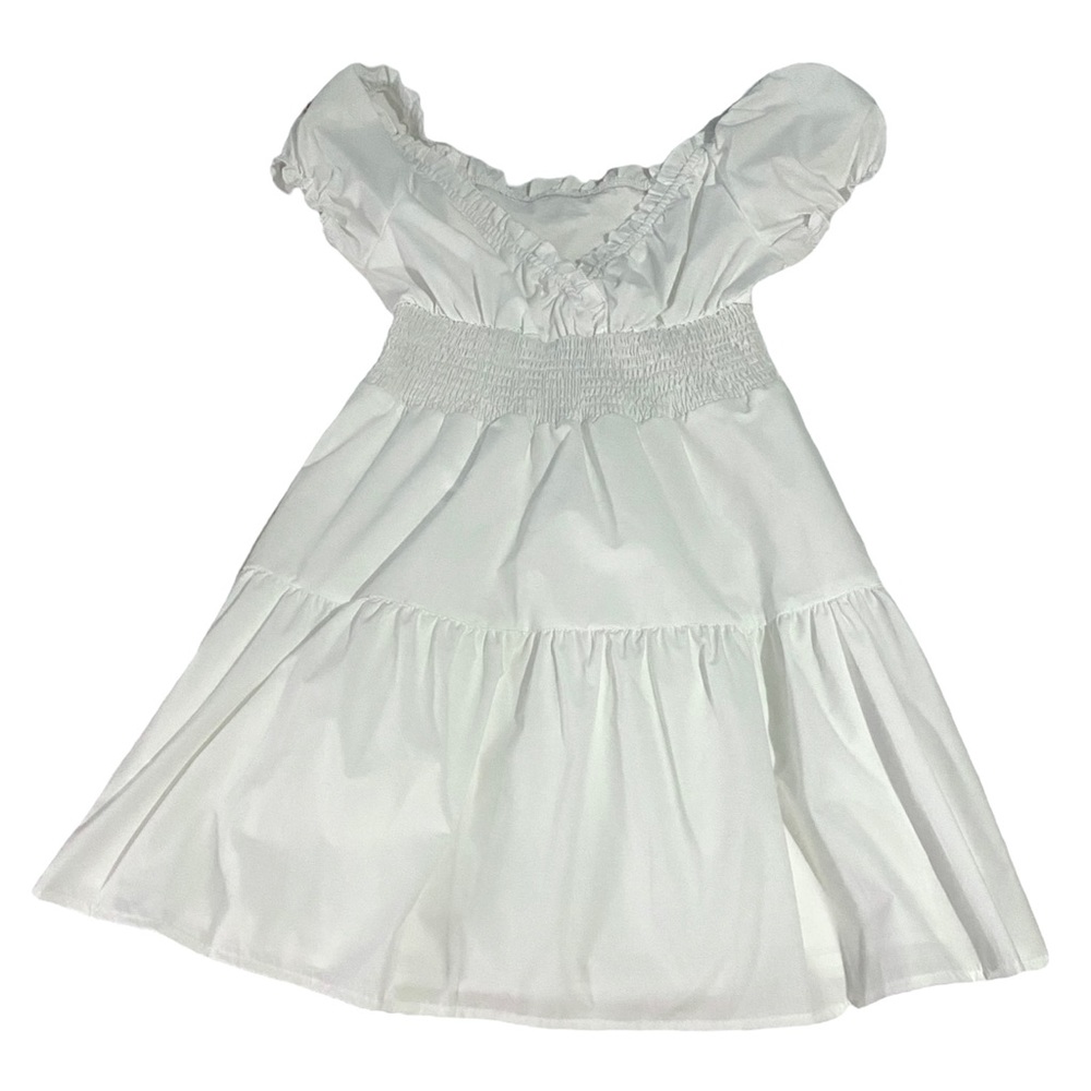 White Solid V Neck Frill Trim Dress